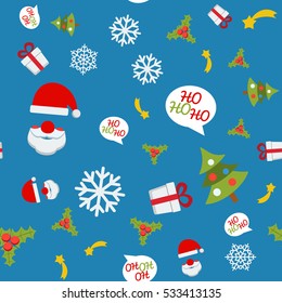 Xmas seamless pattern, tiling ornament. Vector illustration with gifts snowflake holly on white background