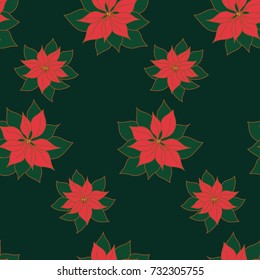 Xmas seamless pattern with traditional plants poinsettia Euphorbia pulcherrima. Christmas Stars for decoration