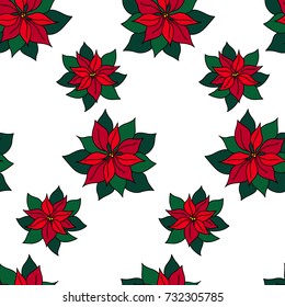 Xmas seamless pattern with traditional plants poinsettia Euphorbia pulcherrima. Christmas Stars for decoration