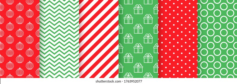 Xmas Seamless Pattern. Vector. Christmas, New Year Prints. Backgrounds With Zigzag, Ball, Gift, Candy Cane Stripes And Polka Dot. Set Holiday Textures. Festive Wrapping Paper. Red Green Illustration