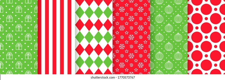 Xmas seamless pattern. Vector. Christmas, New year prints. Backgrounds with stripes, ball, gift, circles and rhombuses. Set holiday textures. Festive wrapping paper. Red green illustration