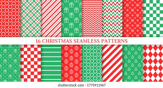 Xmas seamless pattern. Vector. Christmas, New year textures. Set backgrounds with zigzag, tree, gift box, snowflake, candy cane stripe, ball. Noel wrapping paper. Festive print. Red green illustration