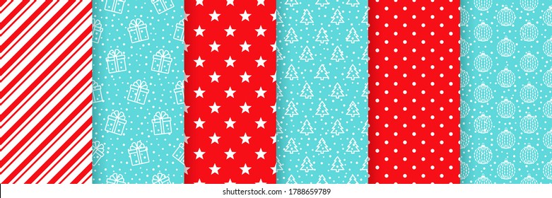 Xmas nahtloses Muster. Vektorgrafik. Weihnachten, Neujahr drucken. Hintergründe mit Geschenkbox, Baum, Ball, Bonbonstreifen, Polka-Punkt und Stern. Stellen Sie Texturen ein. Fest verpacktes Papier. Rot-Blau-Illustration
