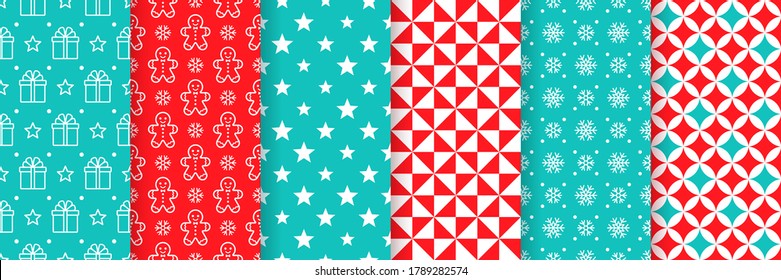 Xmas seamless pattern. Vector. Christmas New year print. Backgrounds with gift box, gingerbread man, star, snowflake, circles and triangle. Set wrapping papers. Festive texture. Red blue illustration