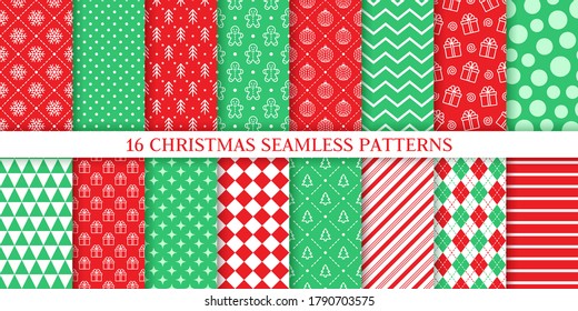 Xmas seamless pattern. Vector. Christmas prints with tree, snowflake, stripe, ball, polka dot, gingerbread man. New year background. Set festive texture. Festive wrapping paper. Red green illustration