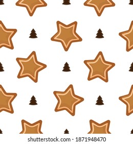 Xmas seamless pattern, wrapping paper, background with gingerbread Christmas trees, stars. Wrapping paper, packaging, design element for poster, sale banner, seasonal greetings, party invitation