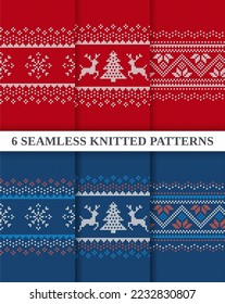 Xmas seamless patterns collection. Christmas knitted sweater textures set. Winter knit background. Holiday fair isle traditional ornament red and blue collection. Vector illustration