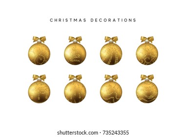 Xmas set balls gold color. Christmas bauble decoration elements. 