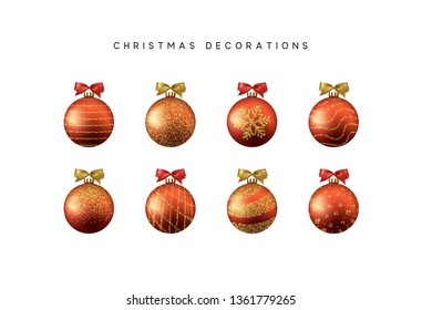 Xmas set balls red color. Christmas bauble decoration elements.