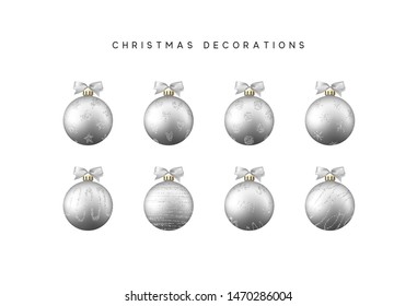 Xmas set balls silver color. Christmas bauble decoration elements.
