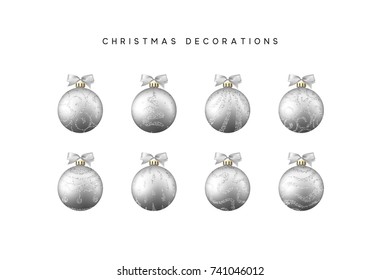 Xmas set balls silver color. Christmas bauble decoration elements.
