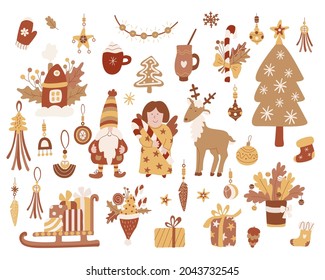 Xmas set with boho baubles, cute angel, reindeer, gnome, sweets and drinks. Vector hand drawn illustration isolated on white background. Great for Christmas cards. Earth tones.