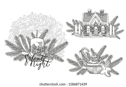 Xmas set. Branches of Christmas trees and Candle. New year and Christmas design elements. Greeting card invitation with xmas graphic. Vintage illustration.