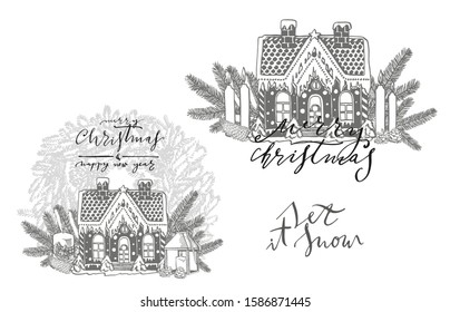 Xmas set. Branches of Christmas trees and Candle. New year and Christmas design elements. Greeting card invitation with xmas graphic. Vintage illustration.