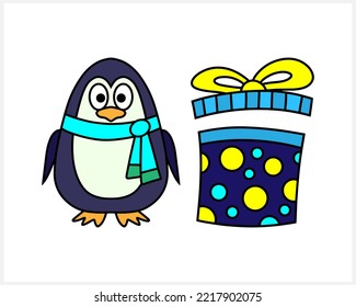 Xmas set clipart. Christmas icon collection. Christmas gift, penguin. Cartoon Vector stock illlustration. EPS 10