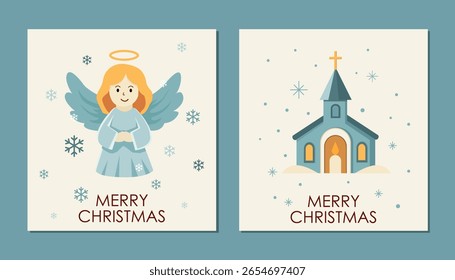 xmas set of cute cards in minimalistic flat style. vector graphic art of group christmas cards with greetings. retro flat vector xmas template for posters, cards, backgrounds. palette christmas cards