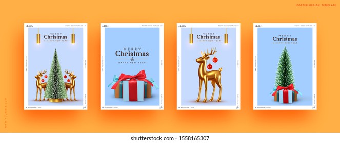 Xmas Set of holiday backgrounds. Merry Christmas and Happy New Year. Collection of greeting cards, covers, web posters, banners. holiday brochures, flyers. Christmas trees, gold deer and gift boxes