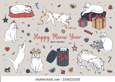 Xmas set. Scenes with funny cat and Christmas decor. Perfect for greeting card, party invites, nursery, posters. Set of funny vector illustrations.