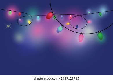 Guirnalda brillante X-mas lámparas multicolores Fondo azul oscuro Efecto brillante Año nuevo Feliz Navidad Bombilla de neón Decoración de vacaciones de Navidad Banner de tarjeta de felicitación Póster Copiar texto del espacio Efecto de las luces del norte