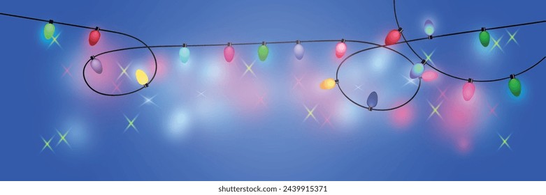 X-mas guirnalda brillante lámparas multicolores Fondo azul Efecto brillante Año nuevo Feliz Navidad Bombilla de neón Decoración de vacaciones de Navidad Banner de tarjeta de felicitación Póster Copiar texto del espacio Formato ancho Plantilla brillante