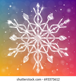 Xmas shiny snowflake banner. Winter detailed sparkling snowflake on bright background. Vector illustration.