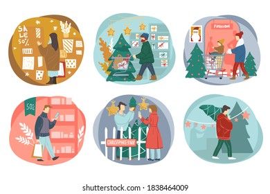 Xmas shopping and preparation for christmas holidays celebration. People buying pine tree at market, choosing presents and greeting cards. Personages with shopping trolley, vector in flat style