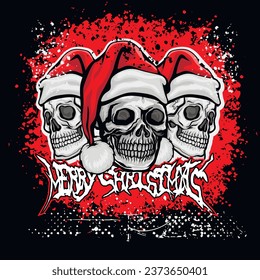 Xmas sign with skull in hat of Santa Claus, grunge vintage design t shirts