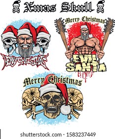 Xmas sign with skull and Santa Claus, grunge vintage design t shirts
