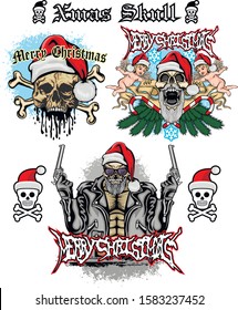 Xmas sign with skull and Santa Claus, grunge vintage design t shirts