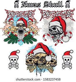 Xmas sign with skull and Santa Claus, grunge vintage design t shirts