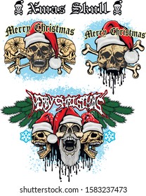 Xmas sign with skull and Santa Claus, grunge vintage design t shirts