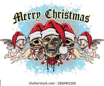 Xmas sign with skull with Santa Claus hat,  and monstrous angels, grunge vintage design t shirts