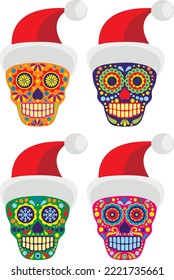 Xmas sign with sugar skull with Santa Claus hat, grunge vintage design t shirts
