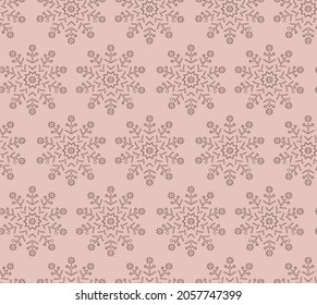 Xmas silver snowflack pattern. Arabic, indian, japanese motifs. Mandala seamless pattern. Ethnic bohemian pink background. Wrapping and scrapbook paper. Print for fabric. Vector illustration