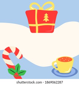 Xmas simple post template for social media feed. Candycane, striped lollipop. Hot drink. Advertising web design mockup with abstract shapes. Square card layout with copyspace and flat illustrations