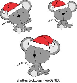 xmas sit baby mouse cartoon santa claus hat set in vector format 