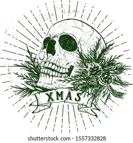 Xmas Skull with Green Fir Branches Vector Illustration 
