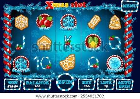Xmas slot machine, buttons and set of slot symbols. Complete menu for casino game -blue. 12 slot Icons and buttons on a separate layer.