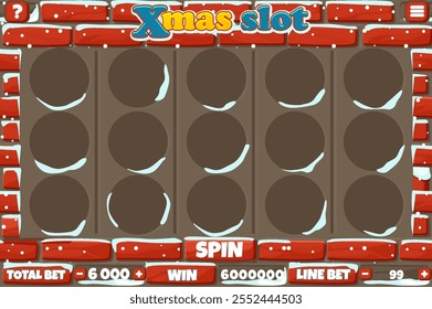 Xmas slot UI and buttons for your Christmas slot games. Stone red wall background with snow. Vector game control panel