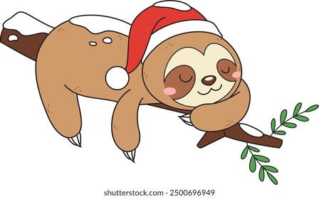 Xmas sloth sleeping on tree branch vector illustration