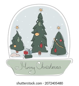 Xmas snow globe with scenery, fire tree, gifts and lettering Merry Christmas. The vector iIllustration happy winter time in one line style