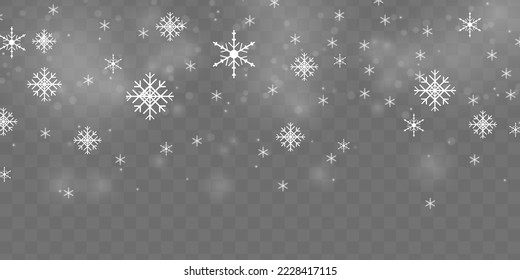 Xmas snowflakes in different shapes and forms. Falling Christmas shining transparent beautiful snow with snowdrifts. Many white cold flake elements. Magic Christmas eve snowfall. Vector illustration