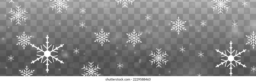 Xmas snowflakes in different shapes and forms. Many white cold flake elements. Magic Christmas eve snowfall. Falling Christmas shining transparent beautiful snow with snowdrifts. Vector illustration