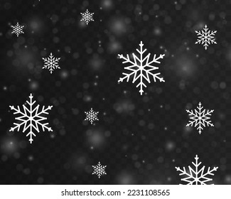 Xmas snowflakes in different shapes and forms. Many white cold flake elements. Magic Christmas eve snowfall. Falling Christmas shining transparent beautiful snow with snowdrifts. Vector illustration