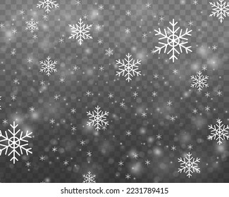 Xmas snowflakes in different shapes and forms. Falling Christmas shining transparent beautiful snow with snowdrifts. Many white cold flake elements. Magic Christmas eve snowfall. Vector illustration