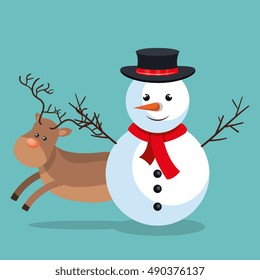 xmas snowman reindeer with blue sky bakcground