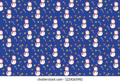 Xmas Snowman with star and candycane seamless pattern with blue background
