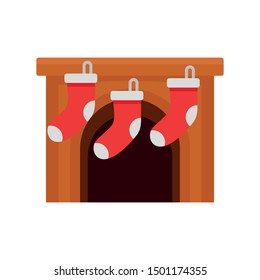 Xmas socks on fireplace icon. Flat illustration of xmas socks on fireplace vector icon for web design
