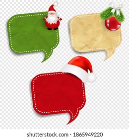 Xmas Speech Bubbles Set With Holly Berry And Santa Claus Transparent Background With Gradient Mesh, Vector Illustration