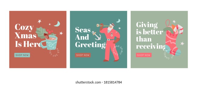 Xmas square templates set. Vector hand-drawn illustration concept. Santa Claus in sailor suit, cocoa mug, and sock with candy cane.